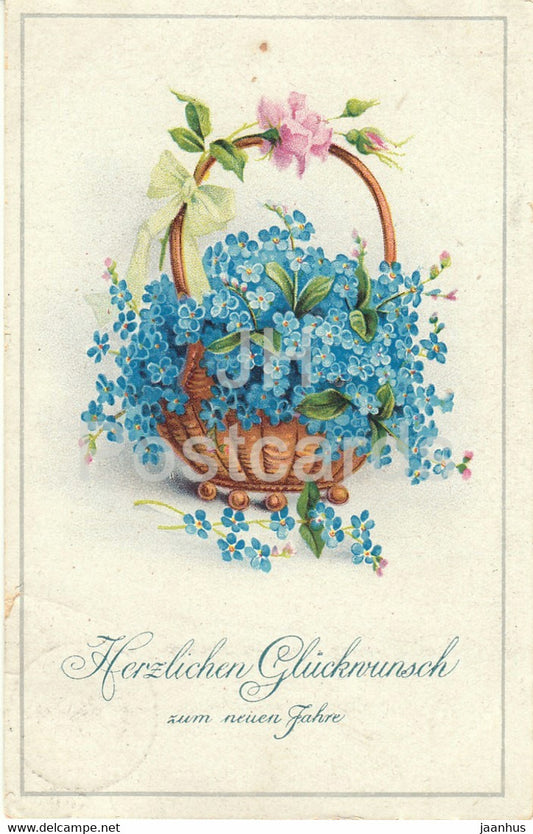 New Year Greeting Card - Herzlichen Gluckwunsch zum Neuen Jahre - flower basket - old postcard - 1922 - Germany - used - JH Postcards
