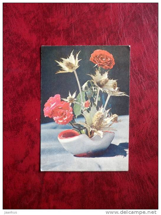 composition - roses -  flowers - mini card - 1983 - Estonia - USSR - unused - JH Postcards