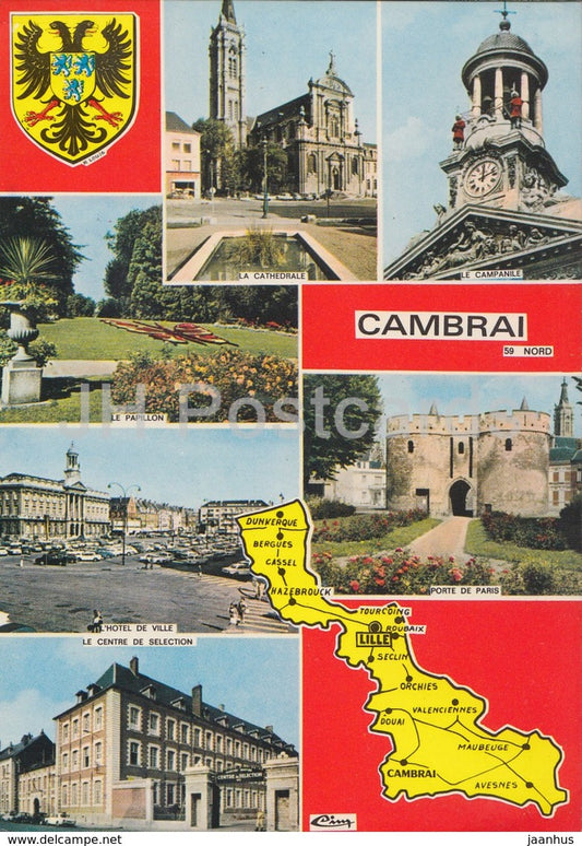 Cambrai Nord - cathedral - hotel de Ville - Le Papillon - multiview - France - 1978 - used - JH Postcards