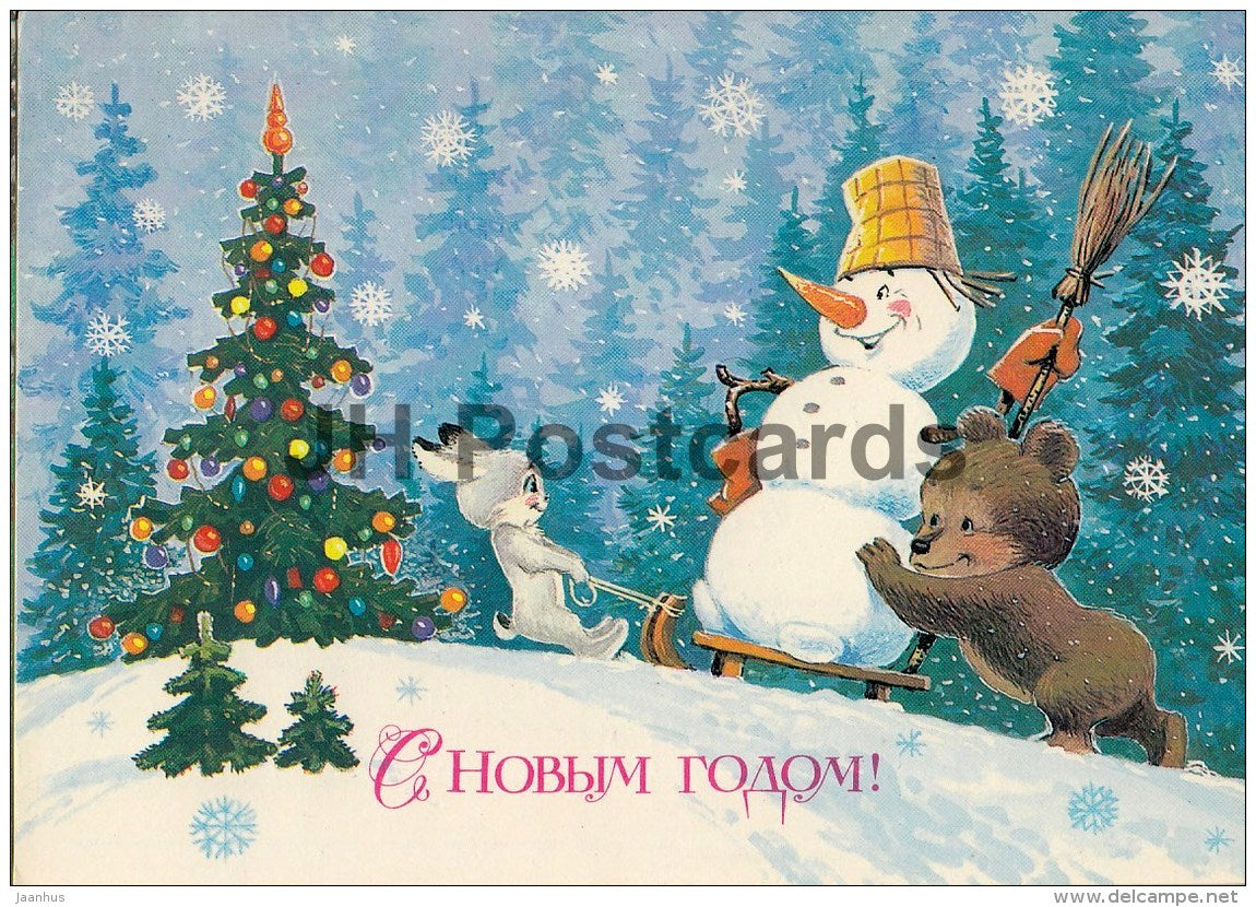 New Year Greeting Card by V. Zarubin - hare - snowman - bear - sledge - postal stationery - 1986 - Russia USSR - used - JH Postcards