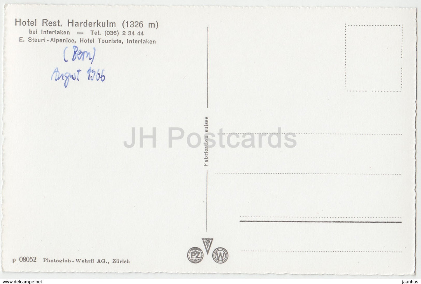 Harderkulm 1326 m avec Eiger Mönch et Jungfrau - Hôtel Rest. Harderkulm 1326 m - Suisse - 1966 - occasion