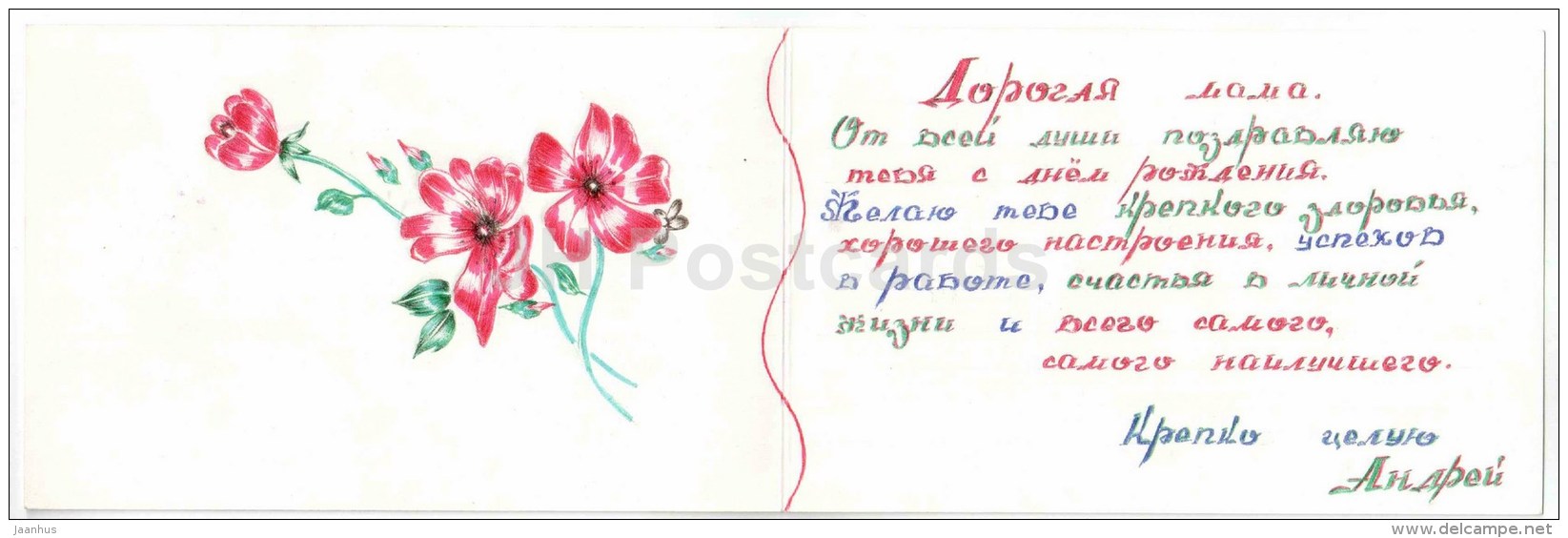 Birthday greeting card by V. Makarov - flowers - illustration - 1983 - Russia USSR - used - JH Postcards