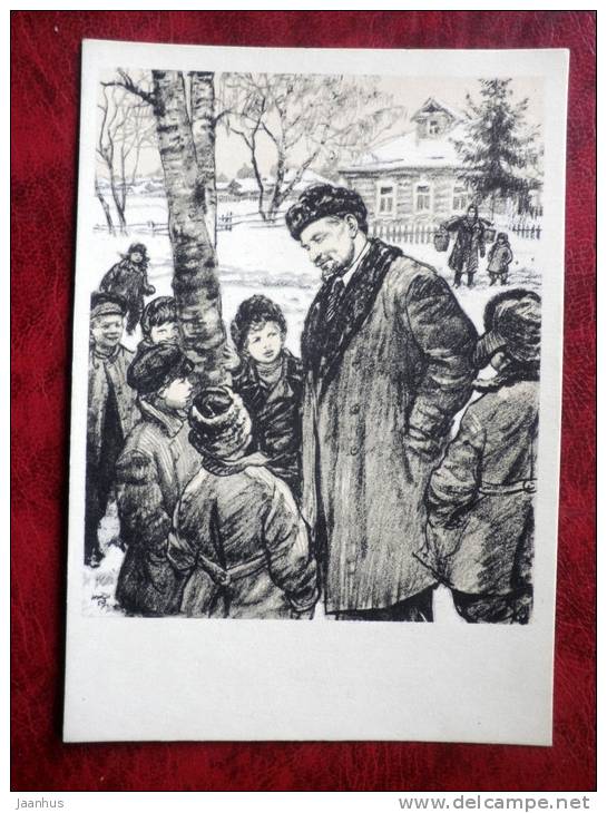 Painting by N.N. Zhukov - Lenin among children - art - card printed in 1960 - Russia - USSR - unused - JH Postcards