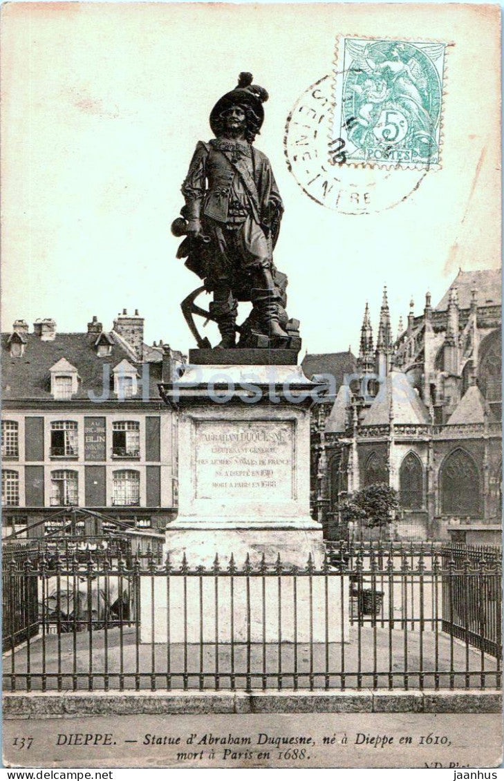 Dieppe - Statue d'Abraham Duquesne - monument - 137 - old postcard - 1906 - France - used - JH Postcards