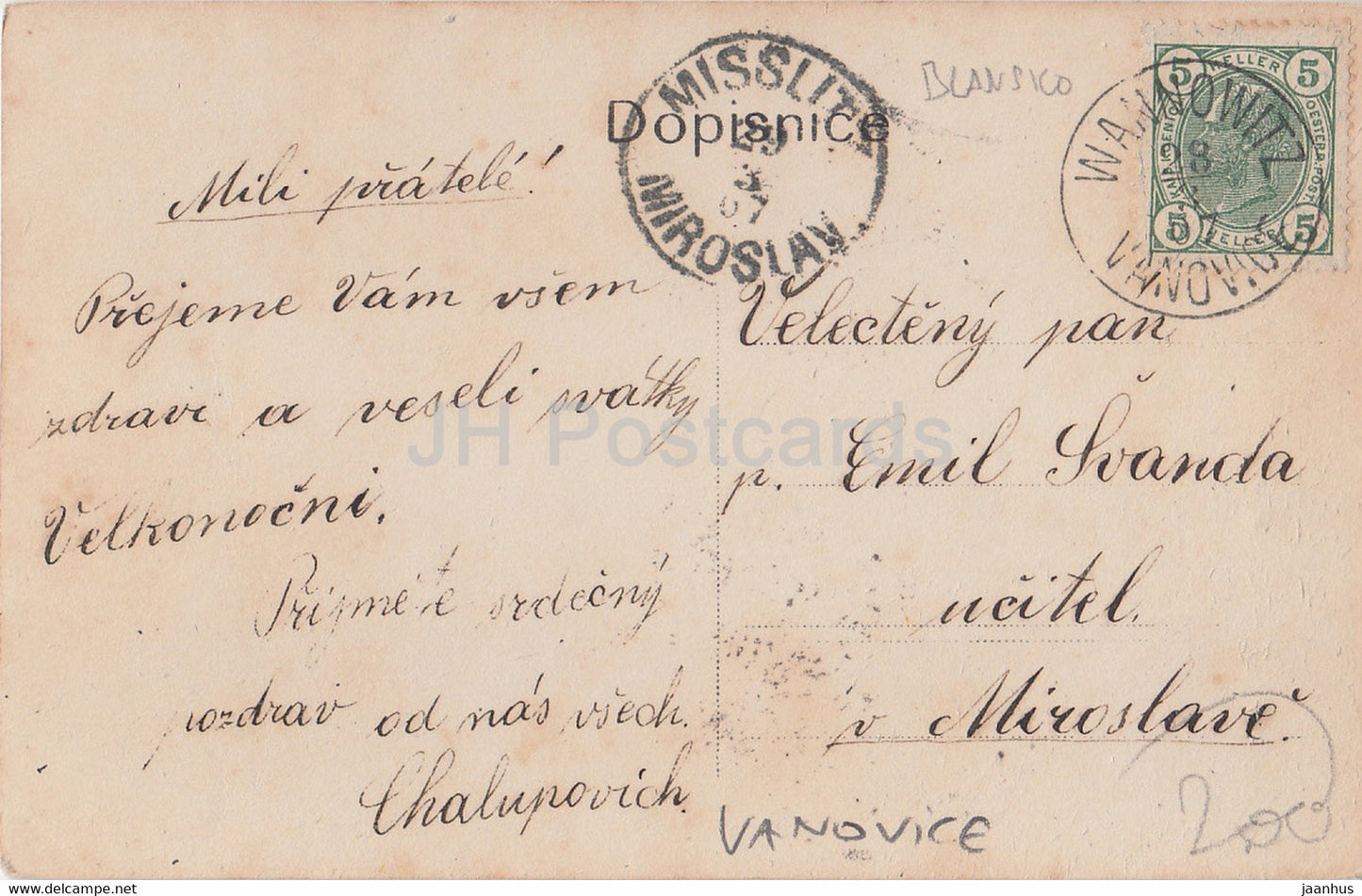 Vanovice - church - old postcard - 1907 - Czech Republic - used