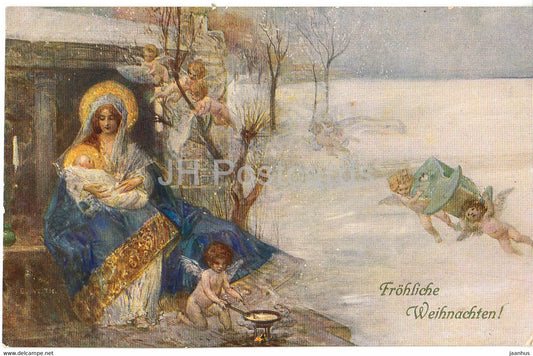 Christmas Greeting Card - Frohliche Weihnachten - illustration - M M Vienne 283 - old postcard - Germany - unused - JH Postcards