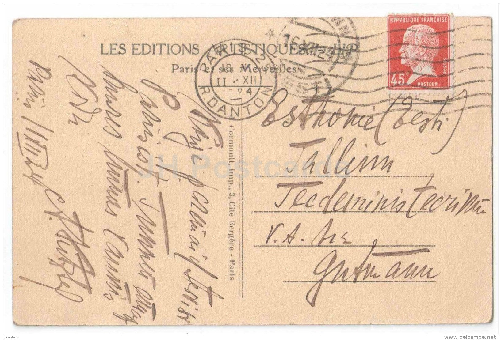 La Tour Eiffel et l´Ecole Militaire - Paris - France - sent from France Paris to to Estonia Tallinn 1924 - JH Postcards