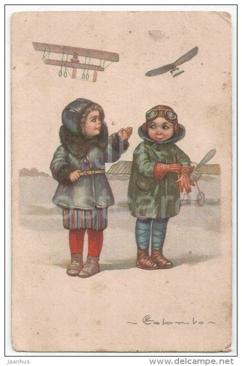 illustration by Colombo - pilot - biplane - airplane - 1694-4 - circulated in Estonia Tallinn 1923 - JH Postcards