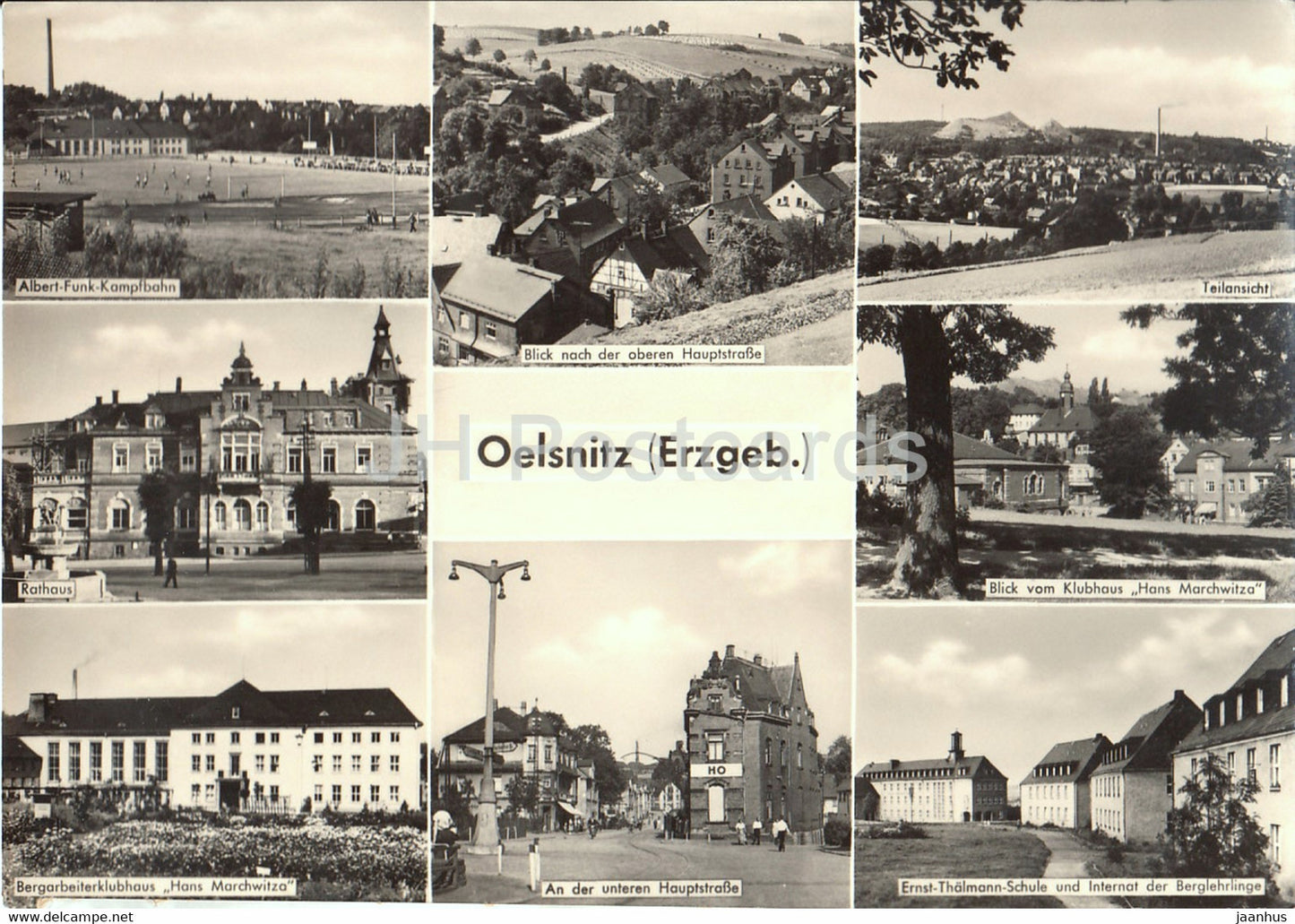 Oelsnitz - Albert Funk Kampfbahn - Rathaus - Hans Marchwitza - Ernst Thalmann Schule - Germany DDR - unused - JH Postcards