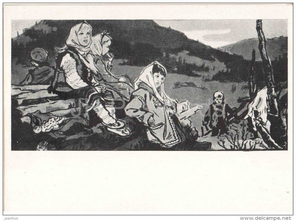 painting by L. Ivanova - Hutsul children , 1960 - russian art - unused - JH Postcards