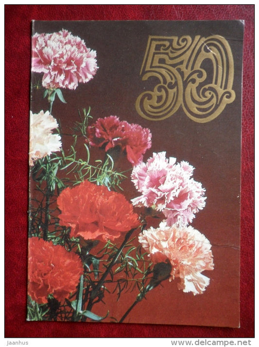Birthday Greeting card - red pink carnation - flowers - 1985 - Estonia USSR - used - JH Postcards