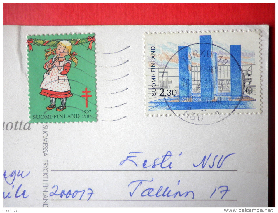 Christmas Greeting Card - mouse - squirrel - 84 - EUROPA CEPT - Finland - sent from Finland Turku to Estonia USSR 1987 - JH Postcards