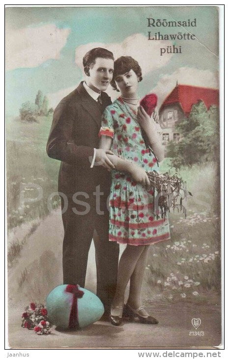easter greeting card - couple - man and woman - eggs - HB 2134/3 - circulated in Estonia 1930 Paide - JH Postcards