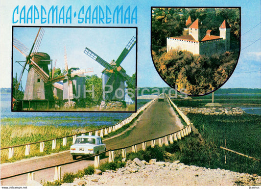 Saaremaa Island - Angla windmills - Kuressaare Castle - causeway Väinatamm - car Zhiguli - 1988 - Estonia USSR - unused - JH Postcards