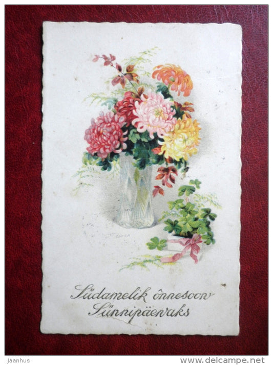 Birthday Greeting Card - chrysantemum in a vase - 3761 - circulated in Estonia 1934 , Tallinn - used - JH Postcards