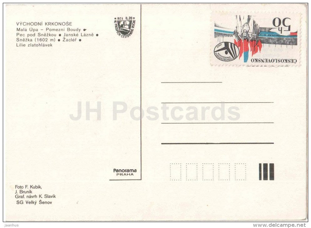 Eastern Krkonose - Mala Upa - Pomezni shed - Pec pod Snezkou - Janske Lazne - Snezka  Czechoslovakia - Czech - unused - JH Postcards