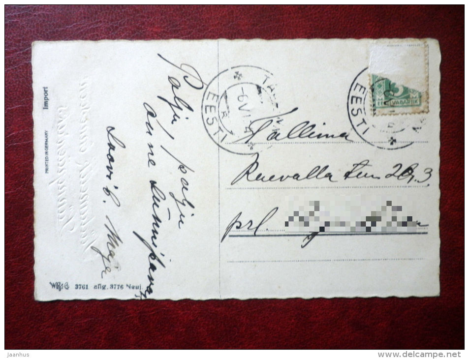 Birthday Greeting Card - chrysantemum in a vase - 3761 - circulated in Estonia 1934 , Tallinn - used - JH Postcards