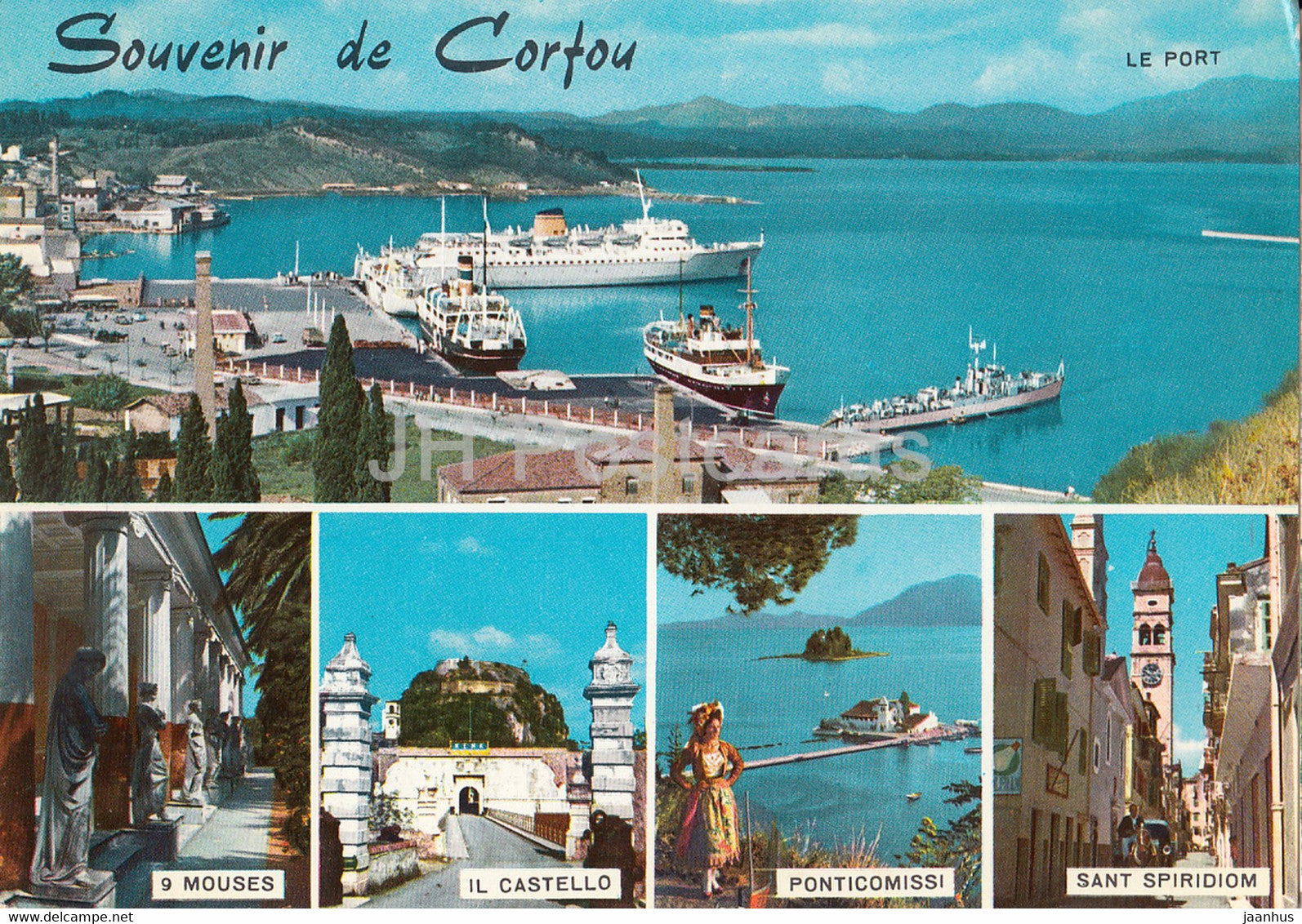 Souvenir de Corfou - Corfu - ship - port - 9 Mouses - Il Castello - Ponticomissi - multiview - Greece - used - JH Postcards