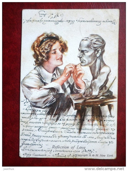 Reflection of Love - signed - sculpture - circulated in 1923 in Estonia - USA - used - JH Postcards