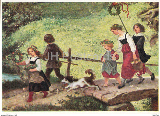 painting by Adrian Ludwig Richter - Die Blumenstreukinder - children - dog - German art - DDR Germany - unused - JH Postcards