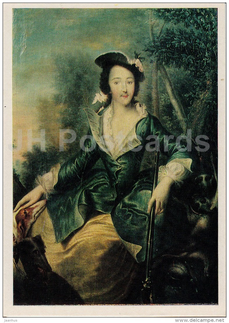 painting by Georg Cristoph Grooth - Portrait of Catherine in hunting costume - hat - Russian art - Russia USSR - unused - JH Postcards