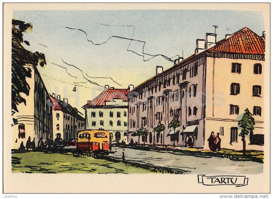 illustration by A. Kütt - 21. June street - bus - Tartu - 1960 - Estonia USSR - unused - JH Postcards