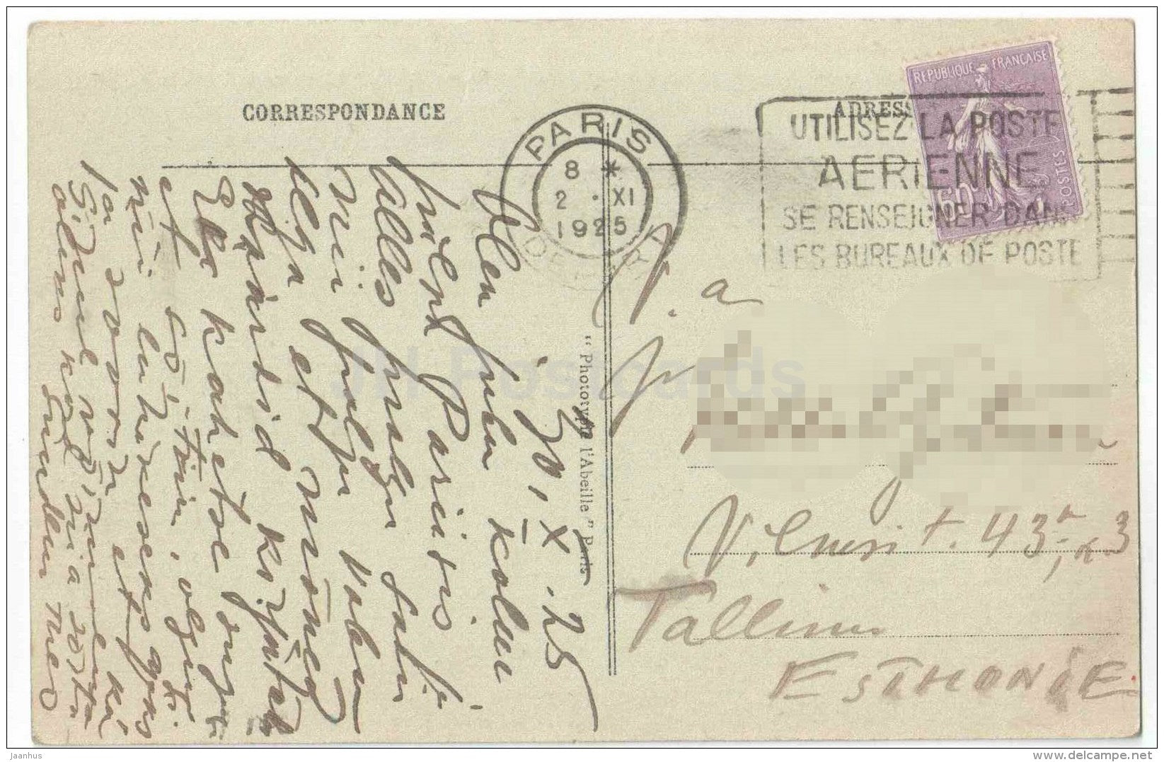 Place de la Concorde - Concord Palace - 85 - Paris - France - sent from France Paris to to Estonia Tallinn 1925 - JH Postcards