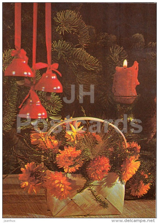 New Year greeting card - 2 - bells - candle - flowers - 1982 - Estonia USSR - used - JH Postcards