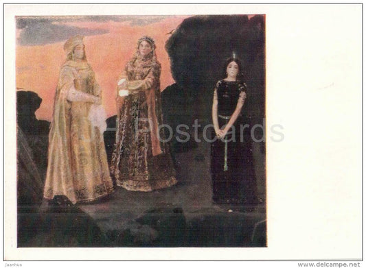 painting by V. Vasnetsov - 1 - Three princess of the Underworld Russian Folk Tale , 1879 - women - russian art - unused - JH Postcards