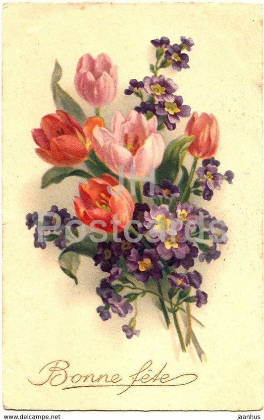 Birthday Greeting Card - Bonne Fete - flowers - tulips - 2739 - illustration - old postcard - France - used - JH Postcards