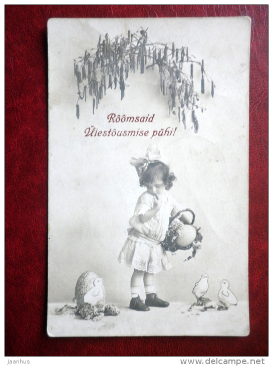 Easter Greeting Card - girl - chicken - eggs - TECO - circulated in Estonia 1924 , Pärnu , Mõisaküla - France - used - JH Postcards