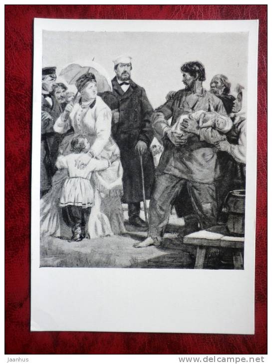 Drawing by D. A. Shmarinov - Pyotr and Natalya Artamonovs, stoker , after Gorky Artamonov`s case - russian art - unused - JH Postcards