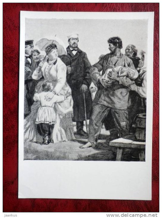 Drawing by D. A. Shmarinov - Pyotr and Natalya Artamonovs, stoker , after Gorky Artamonov`s case - russian art - unused - JH Postcards