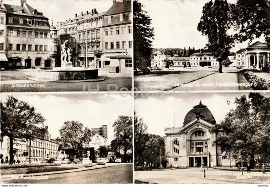 Gera - Simsonbrunnen - Am Puschkinplatz - Theater - Museum - old postcard - Germany DDR - unused - JH Postcards