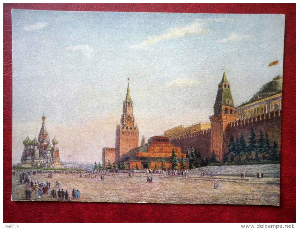 painting by B. Yakovlev , Moscow's Kremlin . Red Square on a summer day 1952 - Lenin mausoleum - russian art - unused - JH Postcards