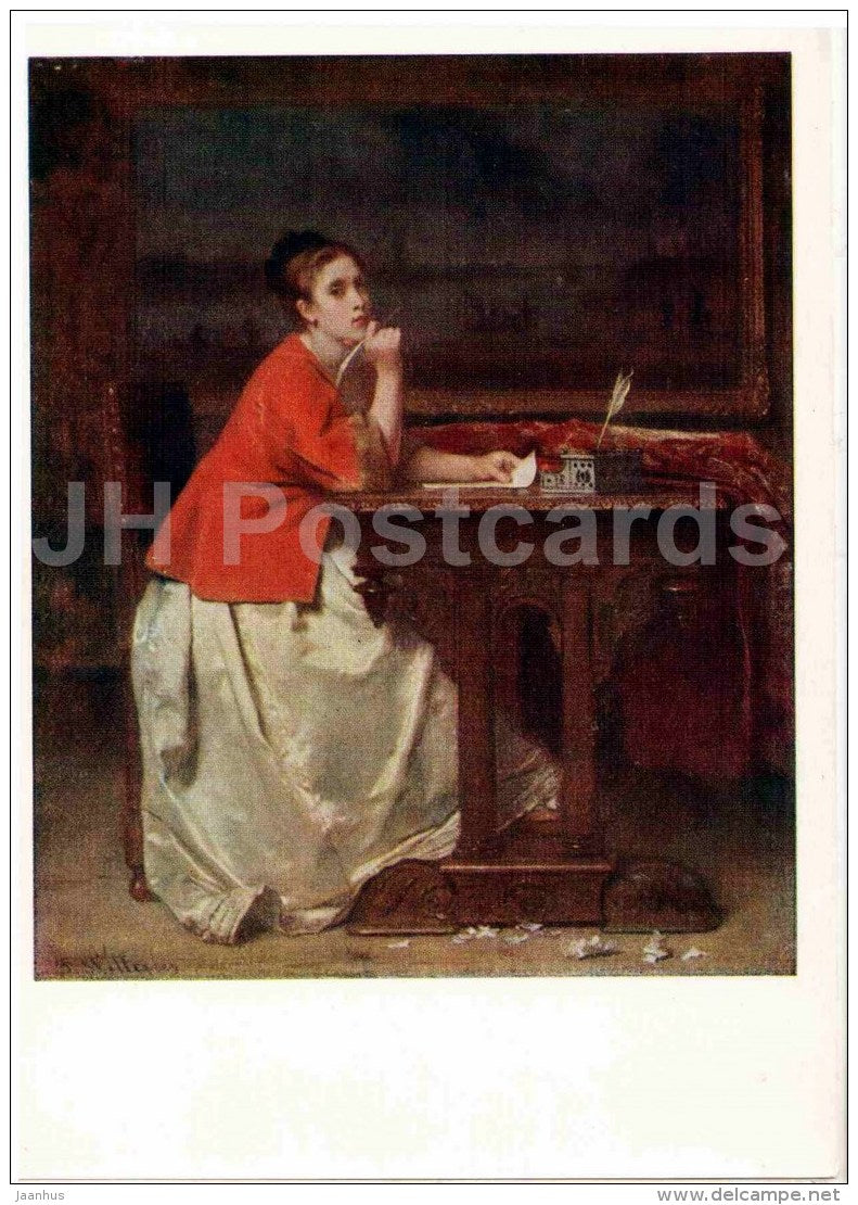 painting by Florent Willems - Writing a letter - woman - Belgian art - 1959 - Russia USSR - unused - JH Postcards