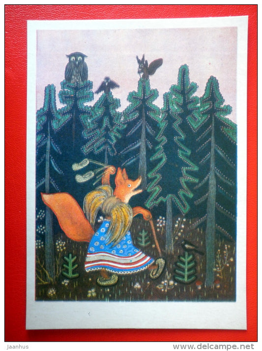 illustration by Y. Vasnetsov - fox - owl - Russian folk songs and Nursery Rhymes - 1970 - Russia USSR - unused - JH Postcards