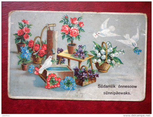 Birthday Greeting Card - doves - flowers - SER 9453 - circulated in 1922 - Estonia - used - JH Postcards