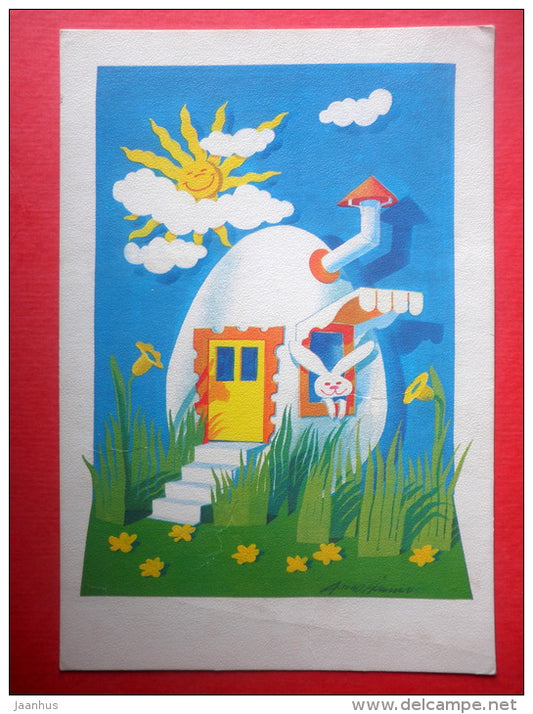 Easter Greeting Card - hare - egg - house - Finland - circulated in Finland 1987 - JH Postcards