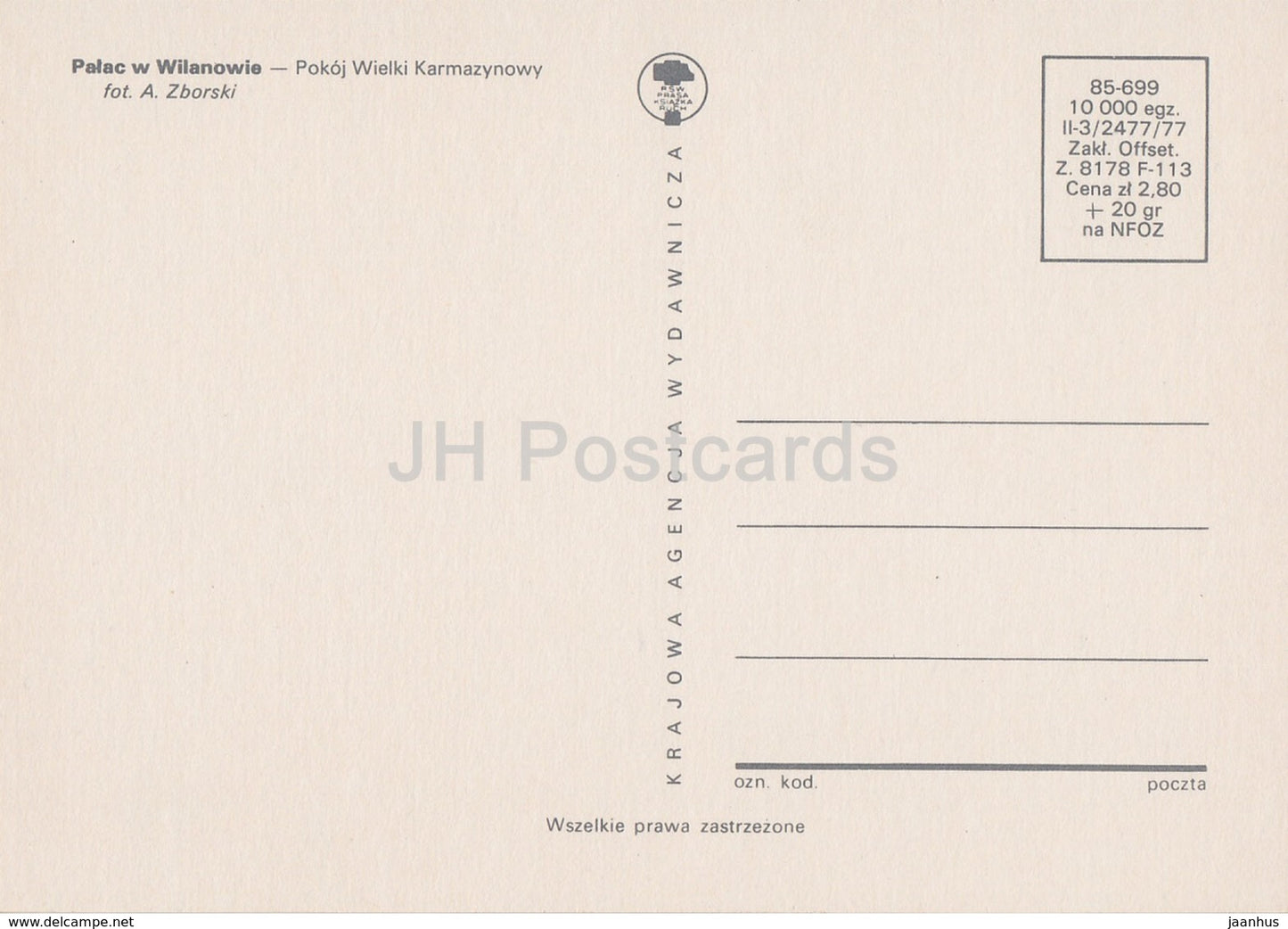 Museum of King Jan III's Palace at Wilanow - large crimson room - Wilanowie - Warszawa - 1977 - Poland - unused - JH Postcards