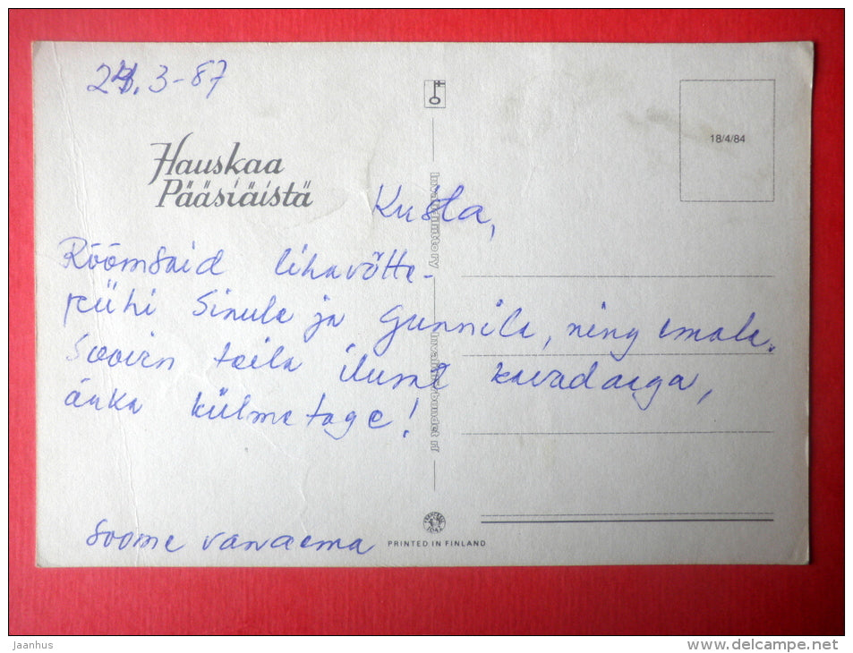 Easter Greeting Card - hare - egg - house - Finland - circulated in Finland 1987 - JH Postcards