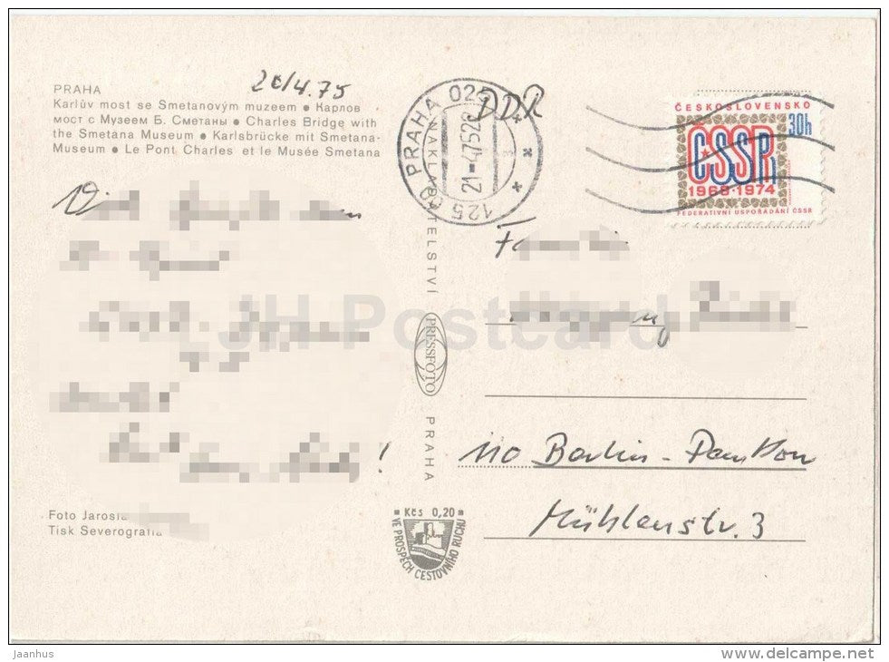 Praha - Prague - Charles Bridge with the Smetana Museum - Czechoslovakia - Czech - used 1975 - JH Postcards