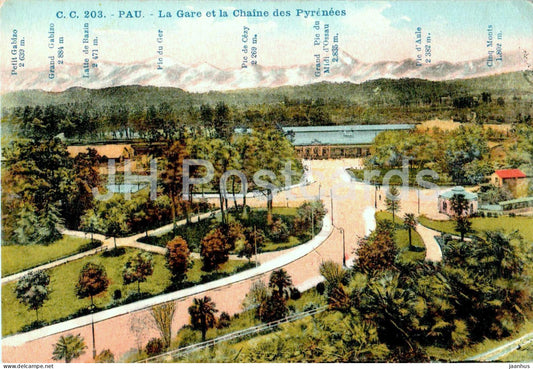 Pau - La Gare et la Chaine des Pyrenees - railway station - 203 - old postcard - France - unused - JH Postcards
