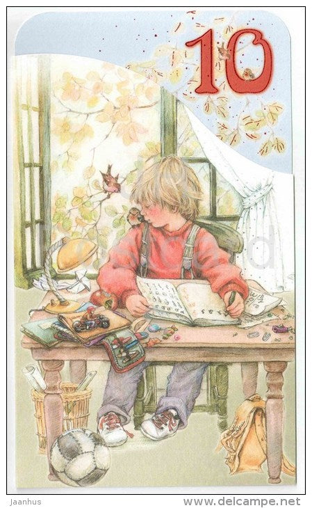 illustration by Lisi Martin - signed - birthday greeting card - poem - boy - writing - birds - football - unused - JH Postcards