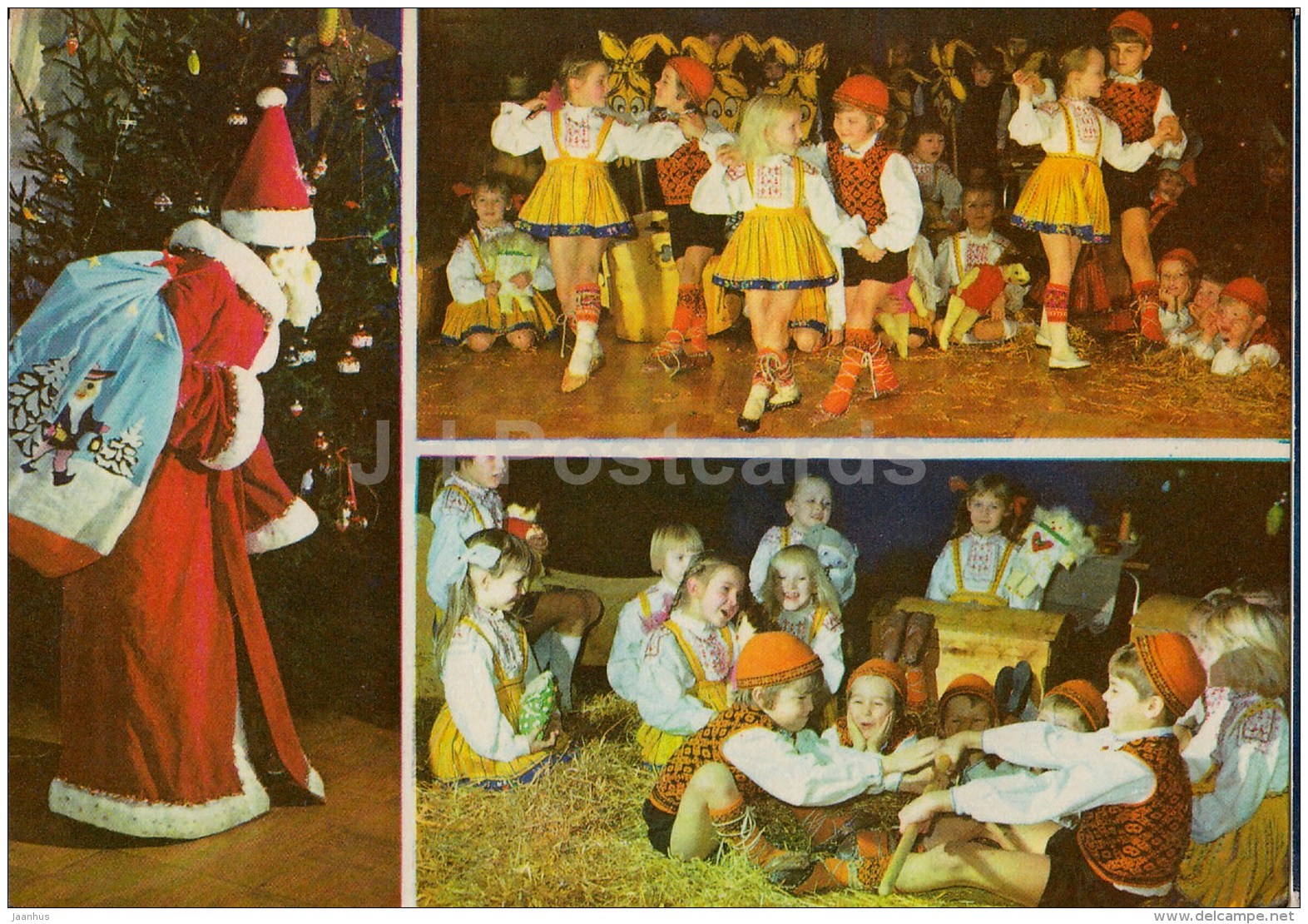 New Year Greeting Card - Santa Claus - children dancing - folk costumes - 1976 - Estonia USSR - used - JH Postcards
