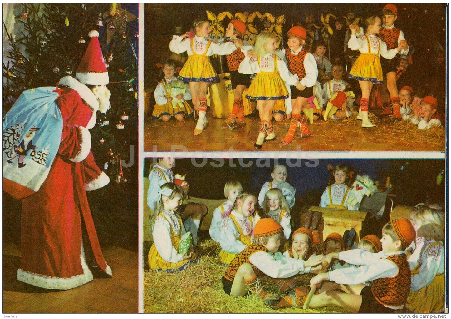 New Year Greeting Card - Santa Claus - children dancing - folk costumes - 1976 - Estonia USSR - used - JH Postcards