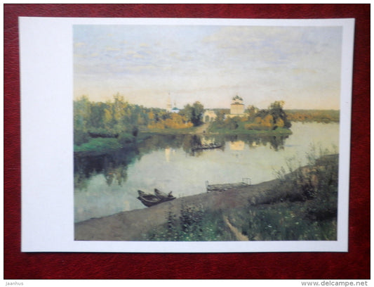 painting by Isaac Levitan , Vesper , 1892 - boats - church - russian art - unused - JH Postcards