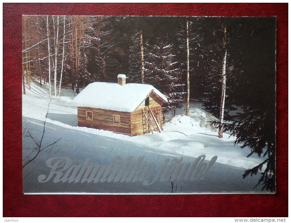 New Year and Christmas Greeting card - winter hut - 1989 - Estonia USSR - used - JH Postcards