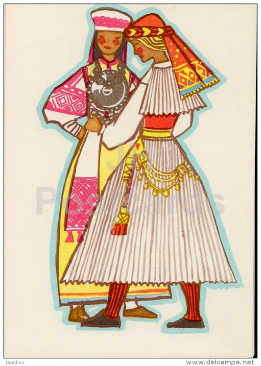 illustration by M. Fuks - young women - Estonian Folk Costumes - 1969 - Estonia USSR - unused - JH Postcards