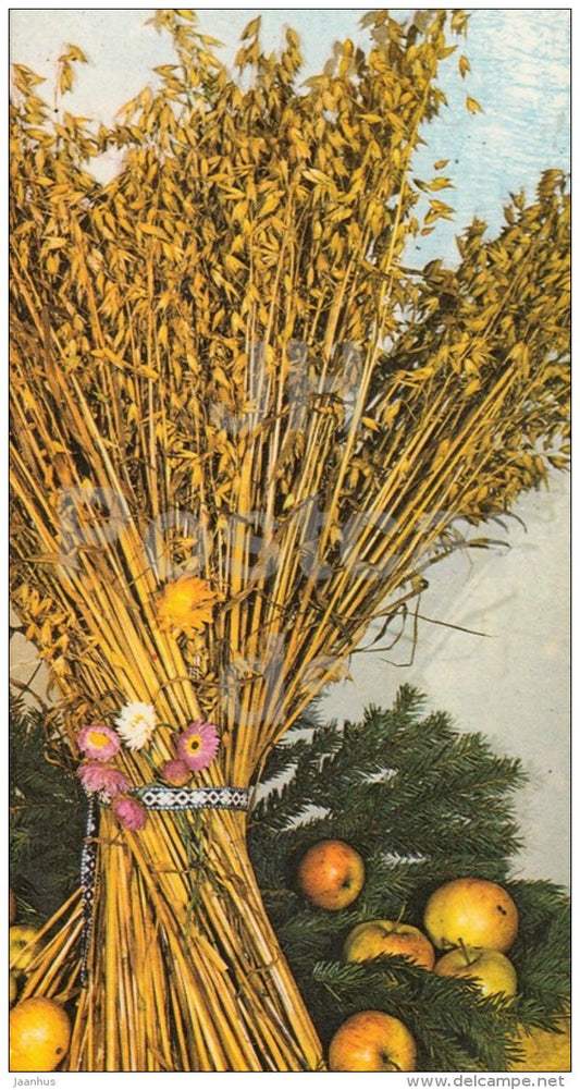 New Year mini Greeting card - 1 - oats - apples - flowers - 1987 - Estonia USSR - used - JH Postcards